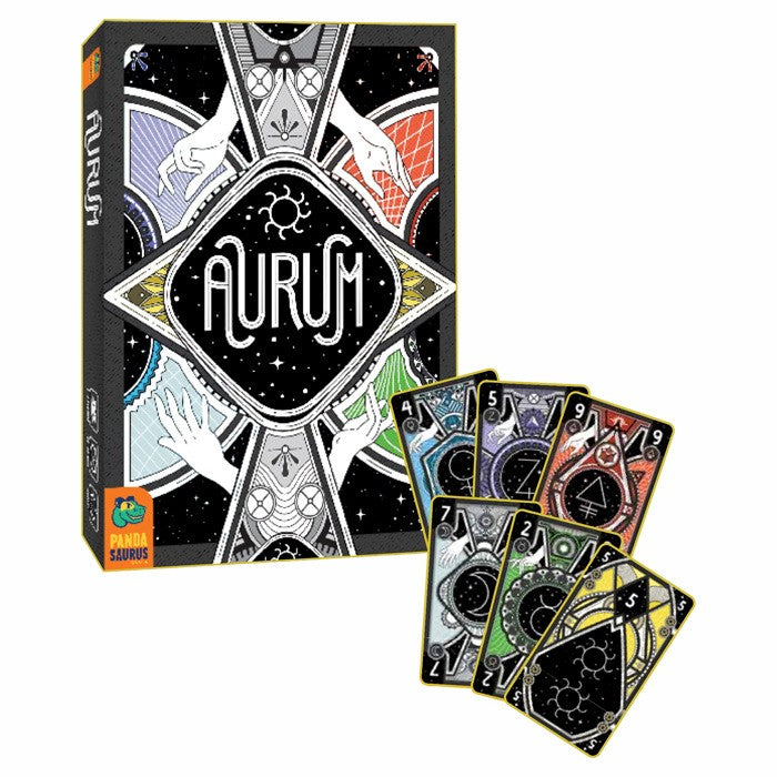 Aurum - Aurum card game box with black, white, blue, red, and green cards featuring geometric patterns and hand illustrations.