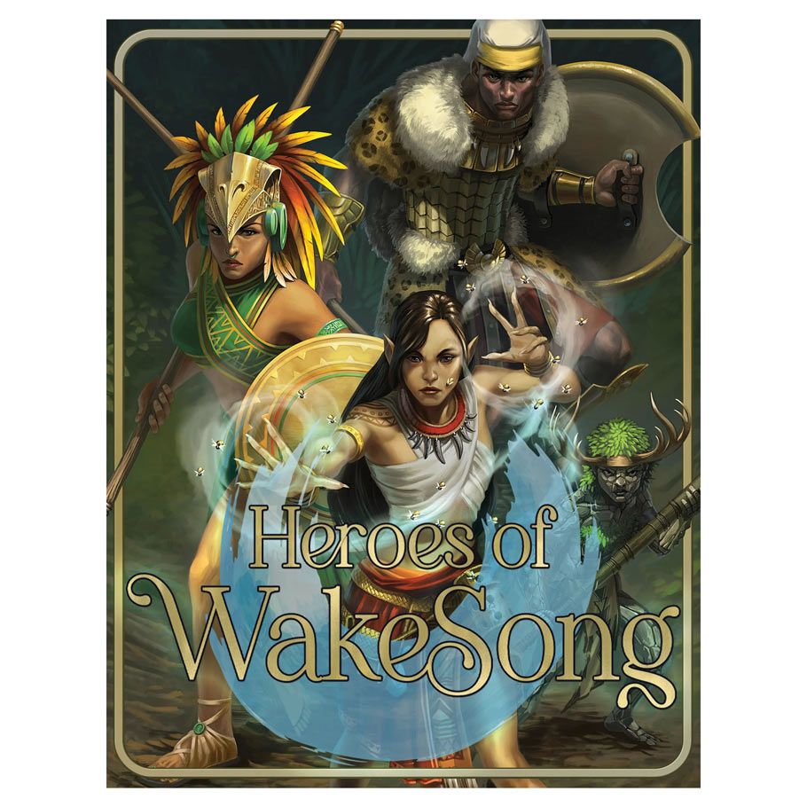 D&D 5E: Heroes of WakeSong - Colorful fantasy book cover featuring four detailed characters in action poses, with gold and green tones and the title.