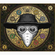 Hex Effects - Black wide-brim hat and round glasses on a white plague doctor mask with mystical symbols on a golden circular background.