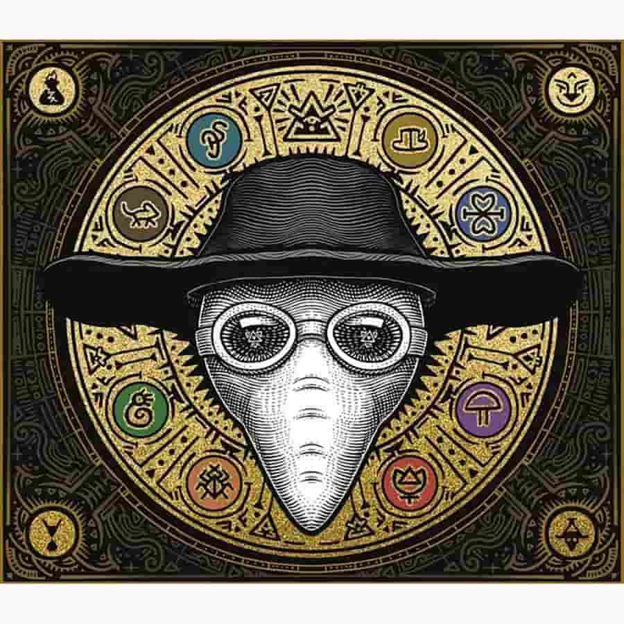 Hex Effects - Black wide-brim hat and round glasses on a white plague doctor mask with mystical symbols on a golden circular background.