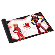 Playmat: Evangelion: Asuka - Rectangular playmat featuring anime character Asuka in red plugsuit with hexagonal background and mecha design in red,.