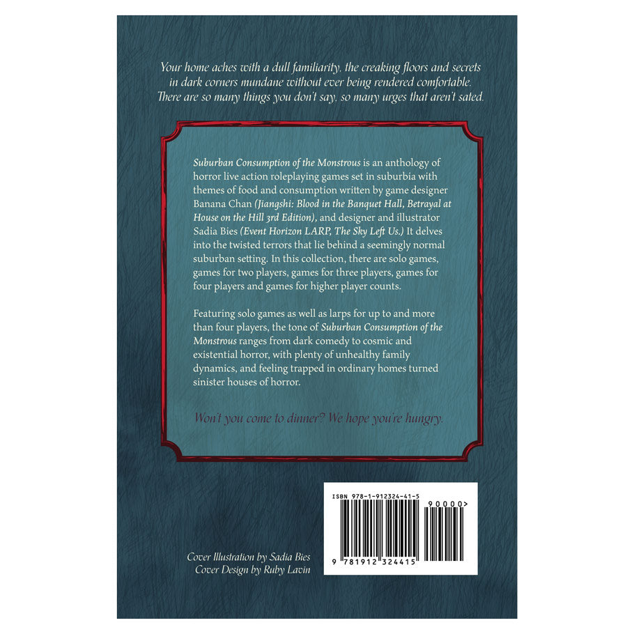 Suburban Consumption of the Monstrous - Book cover with dark teal background featuring red-bordered text block and white serif title "Suburban Consumption of the.