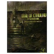 The Trail of Cthulhu Corebook - Dark, eerie book cover with shadowy figure by murky water, featuring green title Trail of Cthulhu.