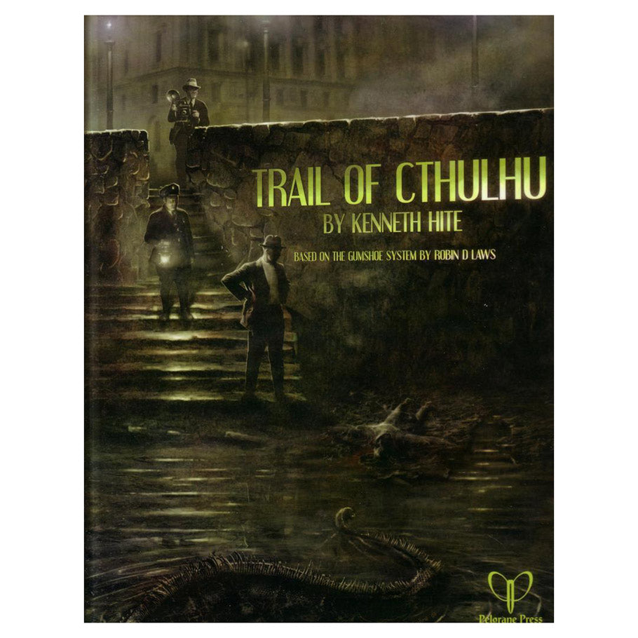 The Trail of Cthulhu Corebook - Dark, eerie book cover with shadowy figure by murky water, featuring green title Trail of Cthulhu.