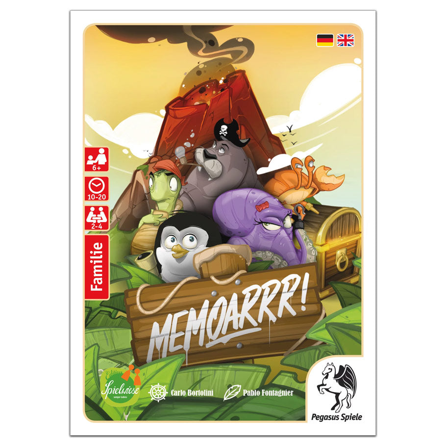 Memoarr! - Colorful card game box featuring cartoon pirate animals including a parrot, penguin, walrus, crab, and gorilla around a.