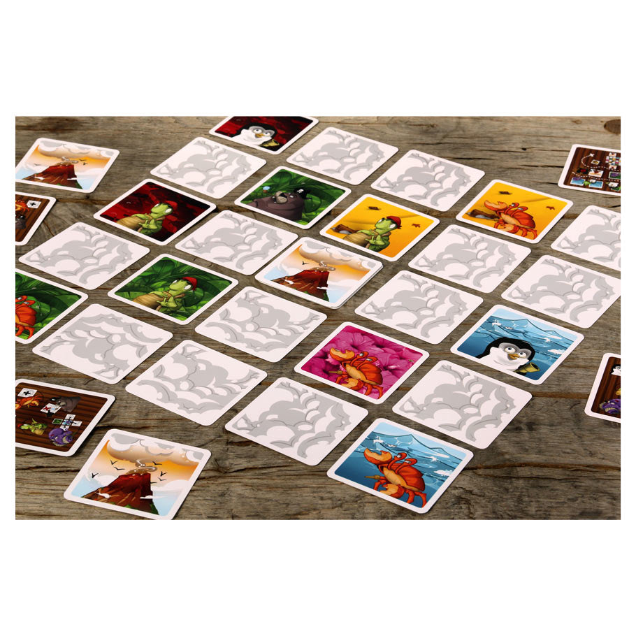 Memoarr! - Square playing cards laid out in a memory game pattern featuring colorful animal illustrations and solid gray backs with.