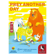 Prey Another Day - Colorful board game box featuring a large orange bear, white wolf, yellow spotted lynx, and small white mouse on blue ground