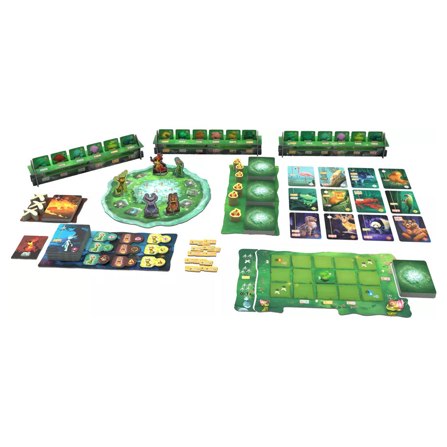 Living Forest: Kodama Expansion - Board game expansion set with green playing boards, colorful cards featuring nature art, wooden tokens, and circular game.