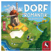 Dorfromantik: The Board Game - Colorful board game box featuring a detailed windmill on a hexagonal tile, with a small figure and dog nearby, set in a.
