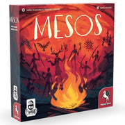 Mesos - Board game box with red and orange cave painting artwork depicting human figures around a large fire in a prehistoric style.
