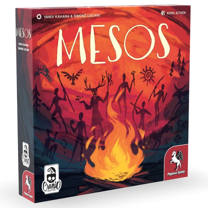 Mesos - Board game box with red and orange cave painting artwork depicting human figures around a large fire in a prehistoric style.