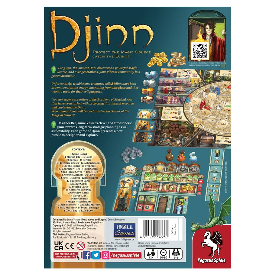 Djinn - Djinn board game back cover with detailed game components, colorful board, and gold-themed fantasy artwork.