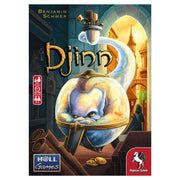 Djinn - Board game box art featuring a large genie in a glass bottle with a cityscape background and gold coins on a wooden floor.