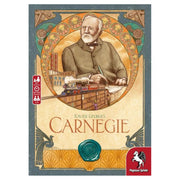 Carnegie - Carnegie board game box featuring a vintage illustration of Andrew Carnegie with industrial elements and ornate borders.