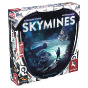Skymines - Square game box for Skymines with sci-fi artwork depicting a lone astronaut exploring an icy alien landscape under a starry.