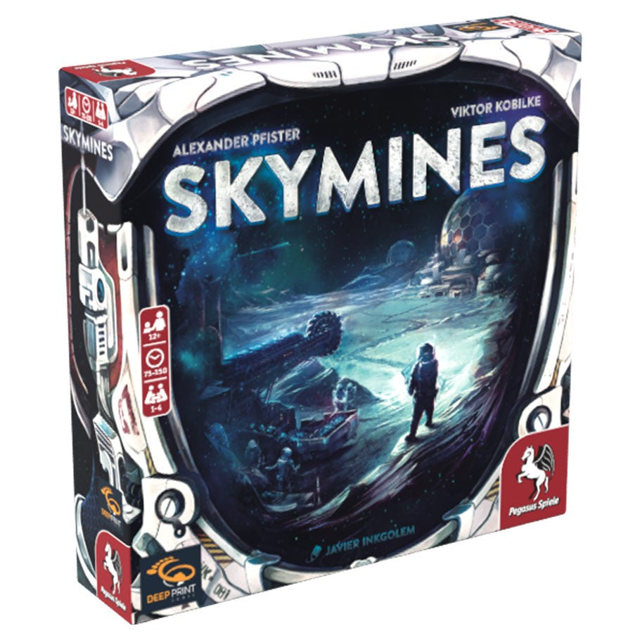 Skymines - Square game box for Skymines with sci-fi artwork depicting a lone astronaut exploring an icy alien landscape under a starry.