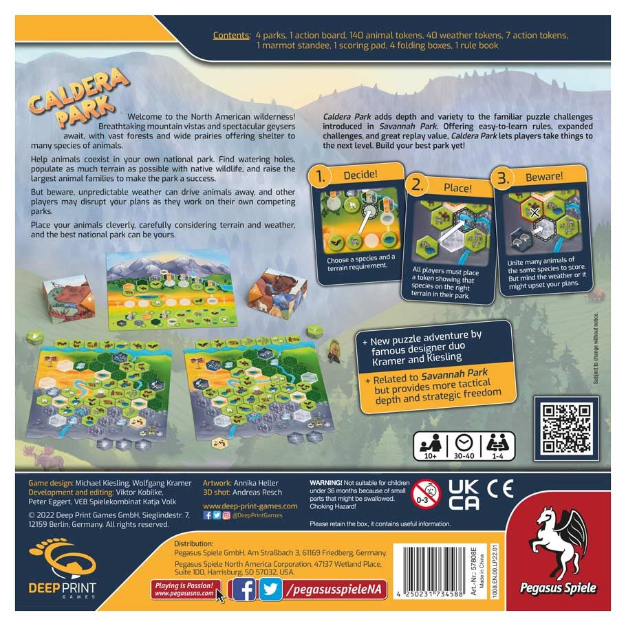 Caldera Park - Back of Caldera Park board game box with colorful illustrations and detailed game instructions on a tan and green background.