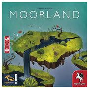 Moorland - Floating island with lush green grass, small trees, a winding river, and a waterfall against a blue sky background.