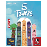 5 Towers - Colorful illustrated card towers shaped like a tree and clocks with animal and nature details on a blue sky background.