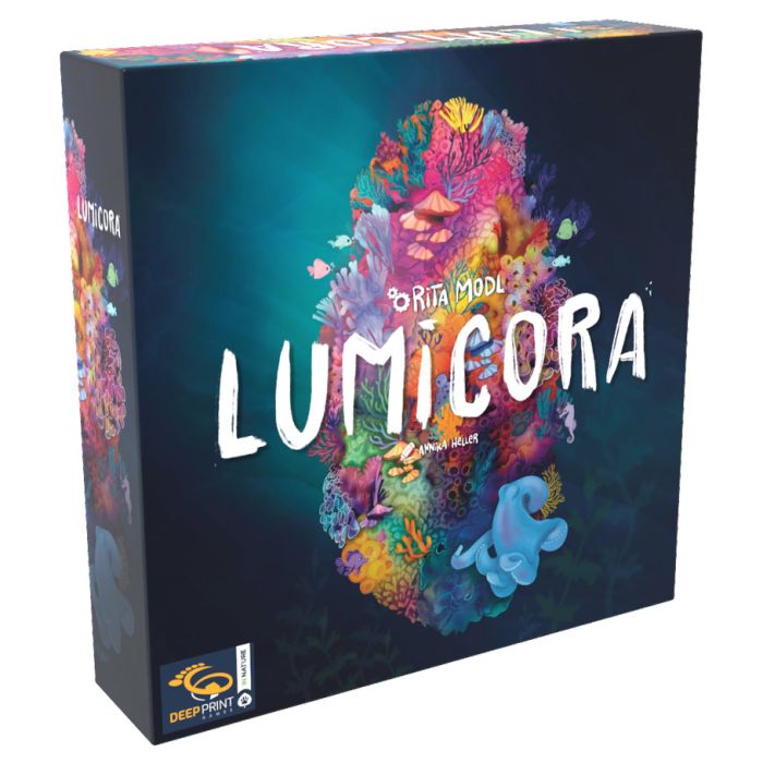 Lumicora - Lumicora board game box with colorful abstract coral reef design on dark blue background and bold white title text.