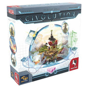 Civolution - Square board game box for Civolution with futuristic blue and white design, featuring a central circular graphic of a ship.