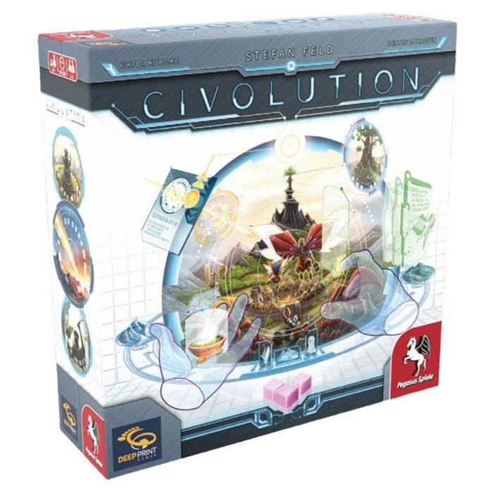Civolution - Square board game box for Civolution with futuristic blue and white design, featuring a central circular graphic of a ship.