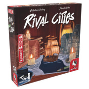 Rival Cities - Square board game box with dark wooden city buildings, a sailing ship, and lit candles on water, titled Rival Cities.