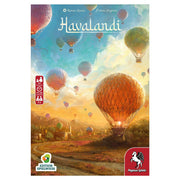 Havalandi - Havalandi strategy board game box featuring colorful hot air balloons floating over a village at sunset.
