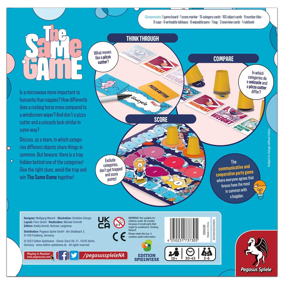 The Same Game - Colorful rectangular board game box with cartoonish graphics and text bubbles explaining gameplay elements and scoring.