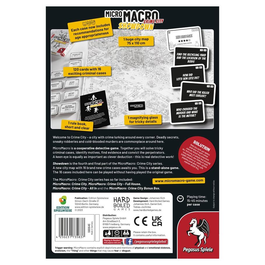 MicroMacro: Crime City: Showdown - Crime City: Showdown board game box with black, white, and yellow design featuring cards, tokens, and game components on a.