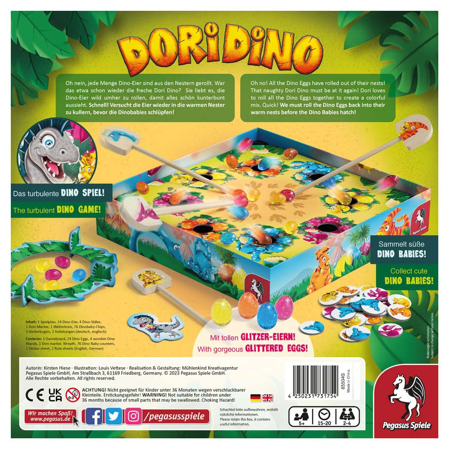 Dori Dino - Colorful dinosaur-themed dexterity game with wooden ramps, dino-shaped game pieces, and cards on a jungle backdrop.