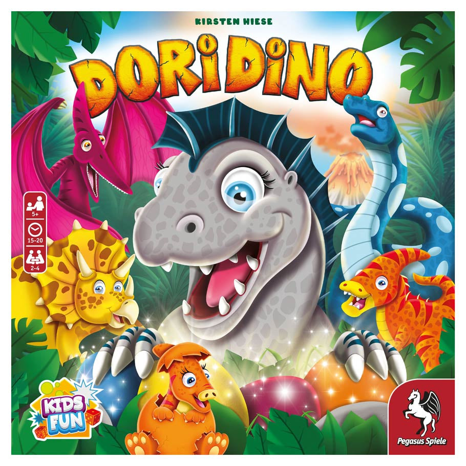 Dori Dino - Colorful board game box with a large smiling gray dinosaur surrounded by smaller cartoon dinosaurs in green jungle setting.