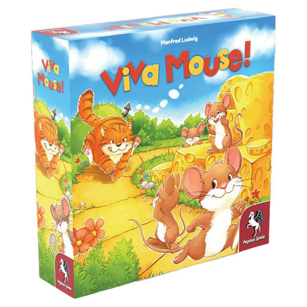 Viva Mouse! - Colorful board game box with cartoon mice racing toward a large yellow cheese on a sunny grassy hill.