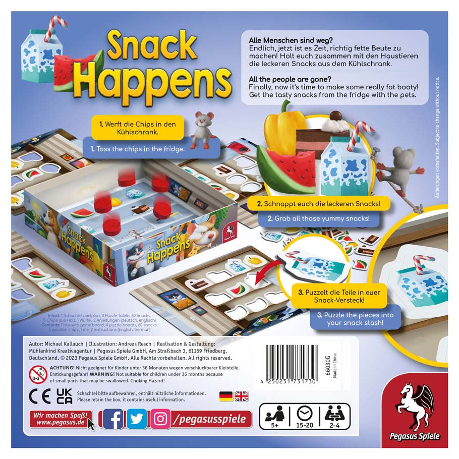 Snack Happens - Colorful board game box and components with snack-themed illustrations, cards, and tokens displayed on a blue playing mat.