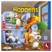 Snack Happens - Colorful game box art showing animated animals raiding a refrigerator filled with food like cheese, vegetables, and a soda.