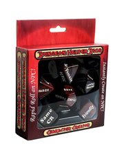 Dungeon Helper Dice: Character Creator - Black six-sided dice with white text inside a red and black box labeled Dungeon Helper Dice Character Creator.