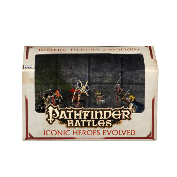 Pathfinder Battles: Iconic Heroes Evolved - Boxed set of Pathfinder Battles miniature figures titled Iconic Heroes Evolved, featuring five painted fantasy characters on