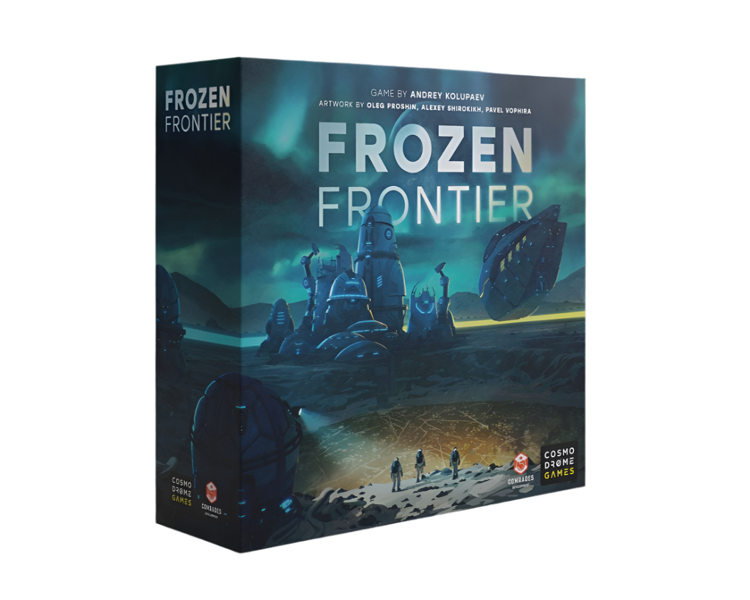 Frozen Frontier (PREORDER) - Board game box for Frozen Frontier featuring icy blue tones, futuristic explorers, and a rugged alien landscape.