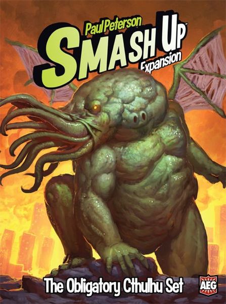 Smash Up: Obligatory Cthulhu (PREORDER) - Box cover art featuring a green, tentacled Cthulhu creature with wings set against an orange, fiery background.