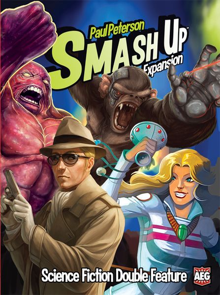 Smash Up: Science Fiction Double Feature (PREORDER) - A purple alien, a large brown beast, a man in a trench coat and hat, and a blonde woman in a futuristic outfit.