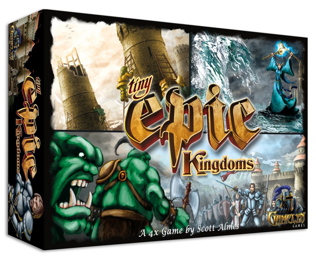 Tiny Epic Kingdoms (PREORDER) - Board game box with fantasy-themed artwork, featuring a green ogre, a tower, and a wizard figure against a stormy sky.