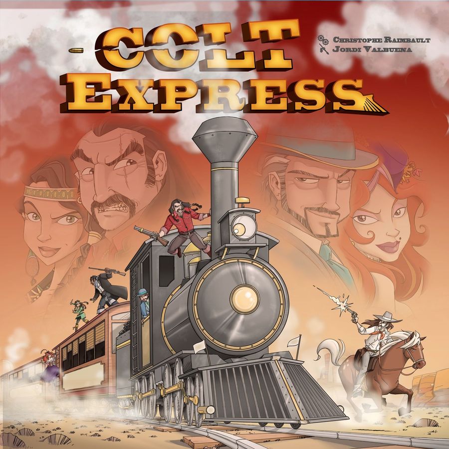 Colt Express (PREORDER) - Colorful game box cover featuring a vintage steam train with cartoon characters and a dusty desert background.