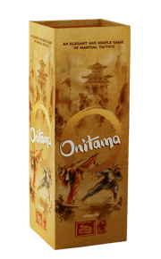 Onitama (PREORDER) - Tall rectangular box with warm brown tones featuring artistic martial arts illustrations and the title Onitama in white.
