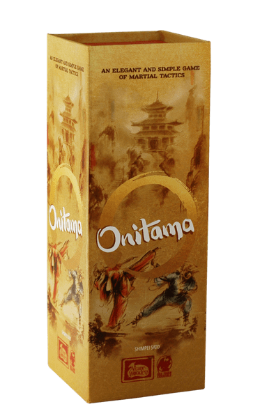 Onitama (PREORDER) - Tall rectangular box with warm brown tones featuring artistic martial arts illustrations and the title Onitama in white.
