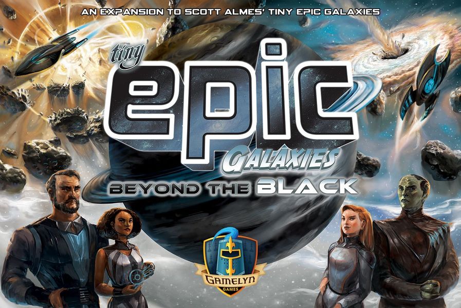 Tiny Epic Galaxies: Beyond the Black (PREORDER) - Compact board game box with a sci-fi space theme, featuring planets, spaceships, and four diverse characters on the cover.