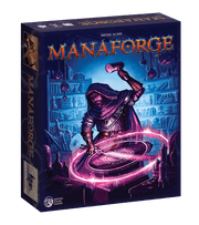Manaforge (PREORDER) - Manaforge board game box featuring a cloaked figure casting a glowing purple magical circle in a dimly lit alchemist's lab.