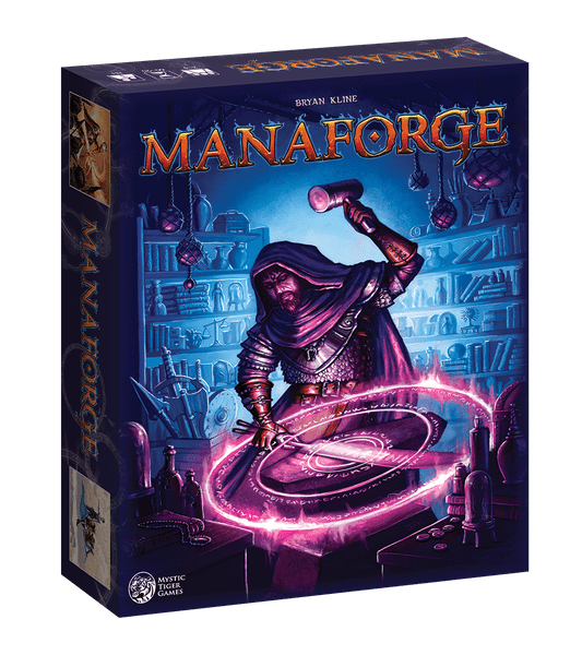 Manaforge (PREORDER) - Manaforge board game box featuring a cloaked figure casting a glowing purple magical circle in a dimly lit alchemist's lab.