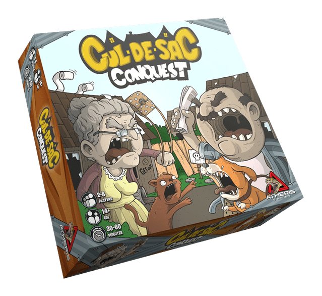 Cul-De-Sac Conquest (PREORDER) - Square box for Cul-De-Sac Conquest card game featuring colorful cartoon characters and bold yellow title text.