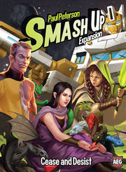 Smash Up: Cease and Desist (PREORDER) - Smash Up Cease and Desist expansion box featuring artwork of three fantasy characters with a dragon, colorful stone wall.