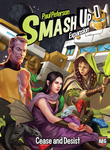 Smash Up: Cease and Desist (PREORDER) - Smash Up Cease and Desist expansion box featuring artwork of three fantasy characters with a dragon, colorful stone wall.
